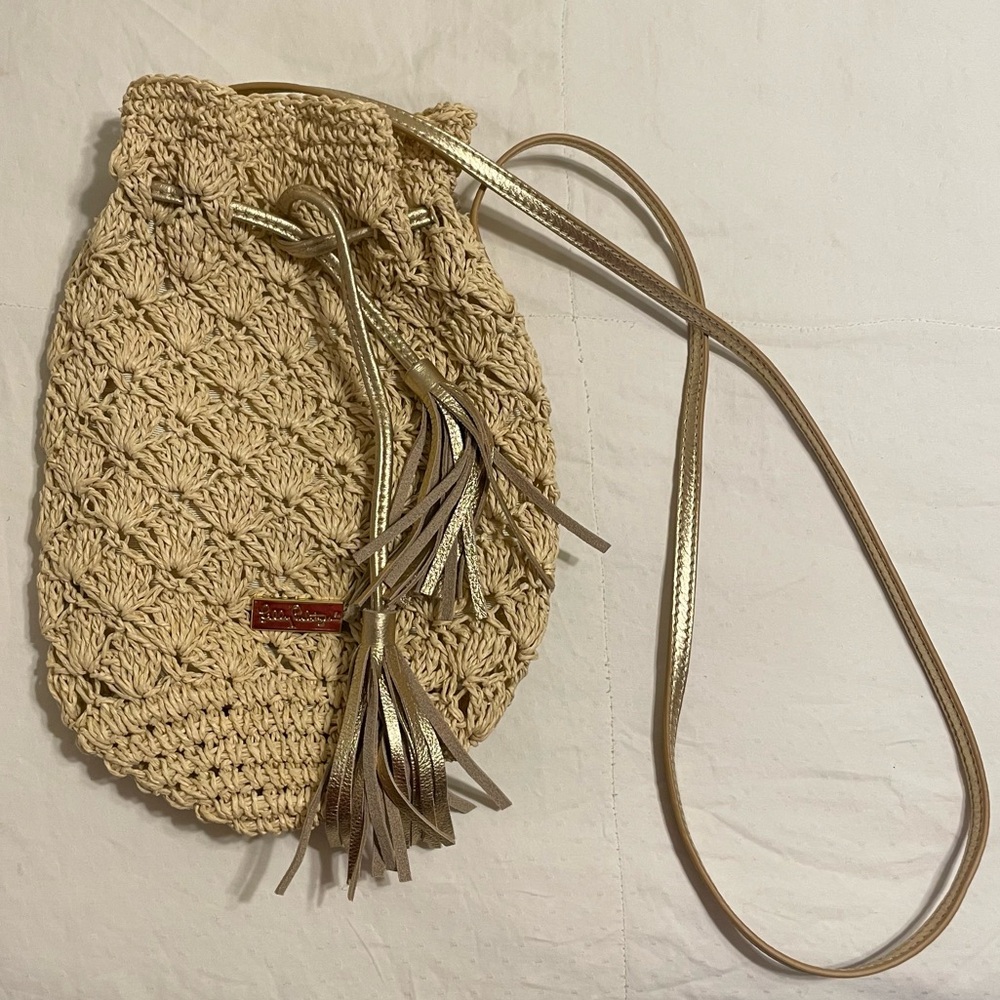Lilly Pulitzer Straw Crossbody Bucket Bag Gold Leather Tassels Pineapple Small